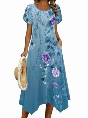 Flowy Midi Sundress with Pockets - Short Sleeve Casual Beach Dress